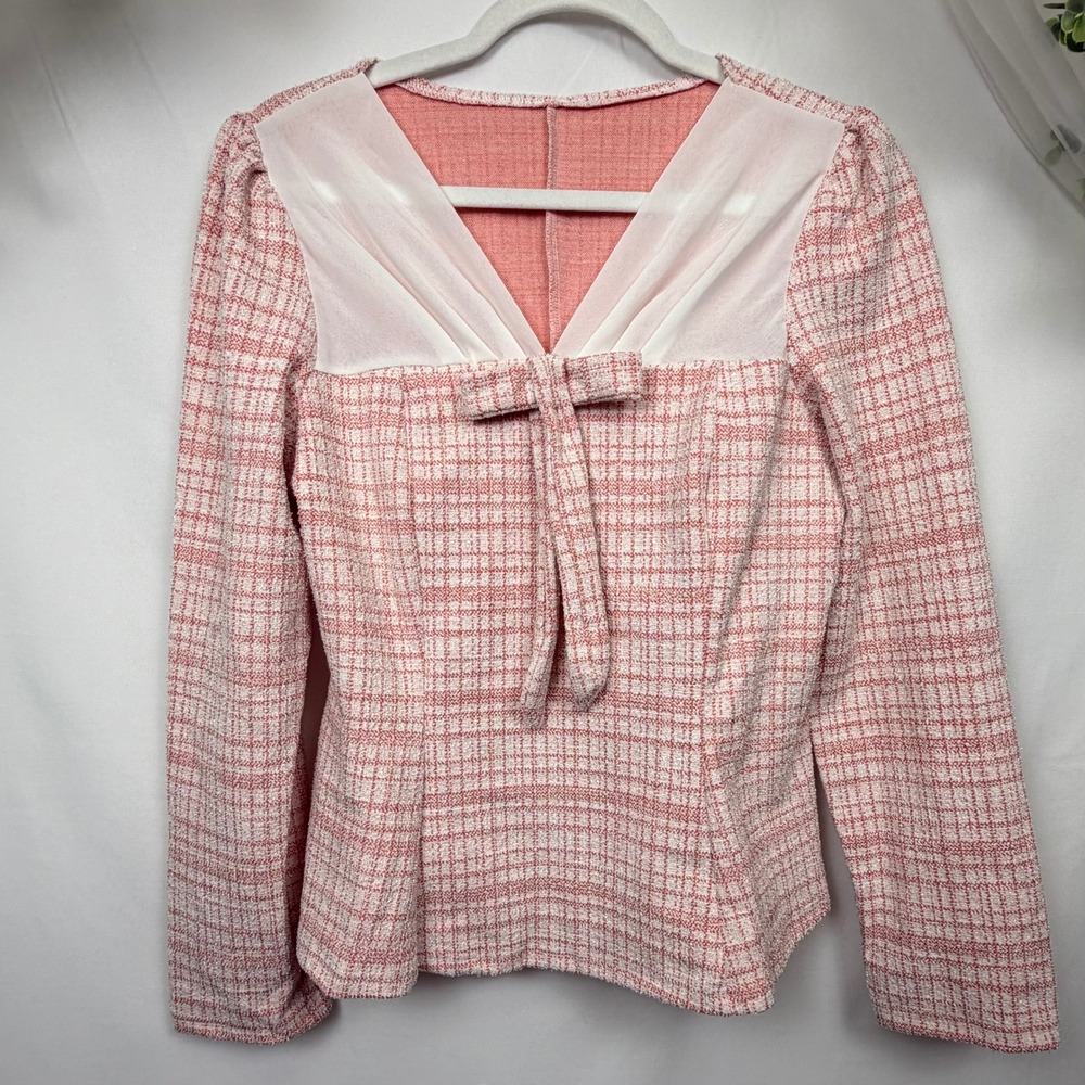 Pink White Tweed Long Sleeve Bow V-Neck Top Metallic Boucle C1S355P6AZ L